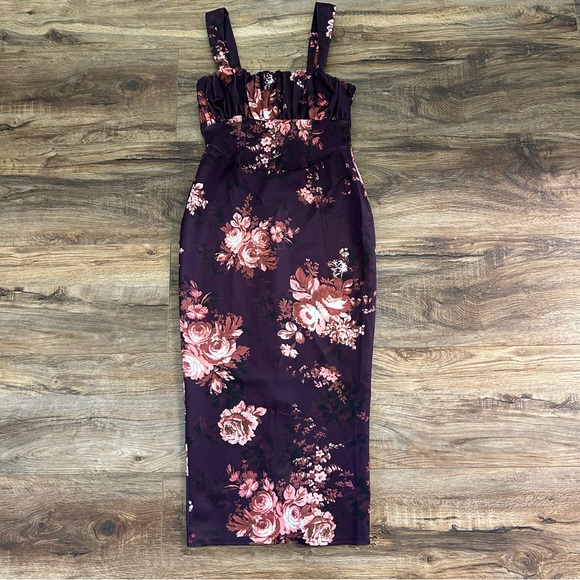 ASOS Floral Corset Pencil Ruched Bust Midi Dress in Burgundy Purple 6 NWOT - Picture 3 of 13
